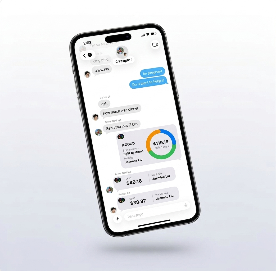 Loot bill splitting app running inside iMessage showing a receipt breakdown and friend assignments